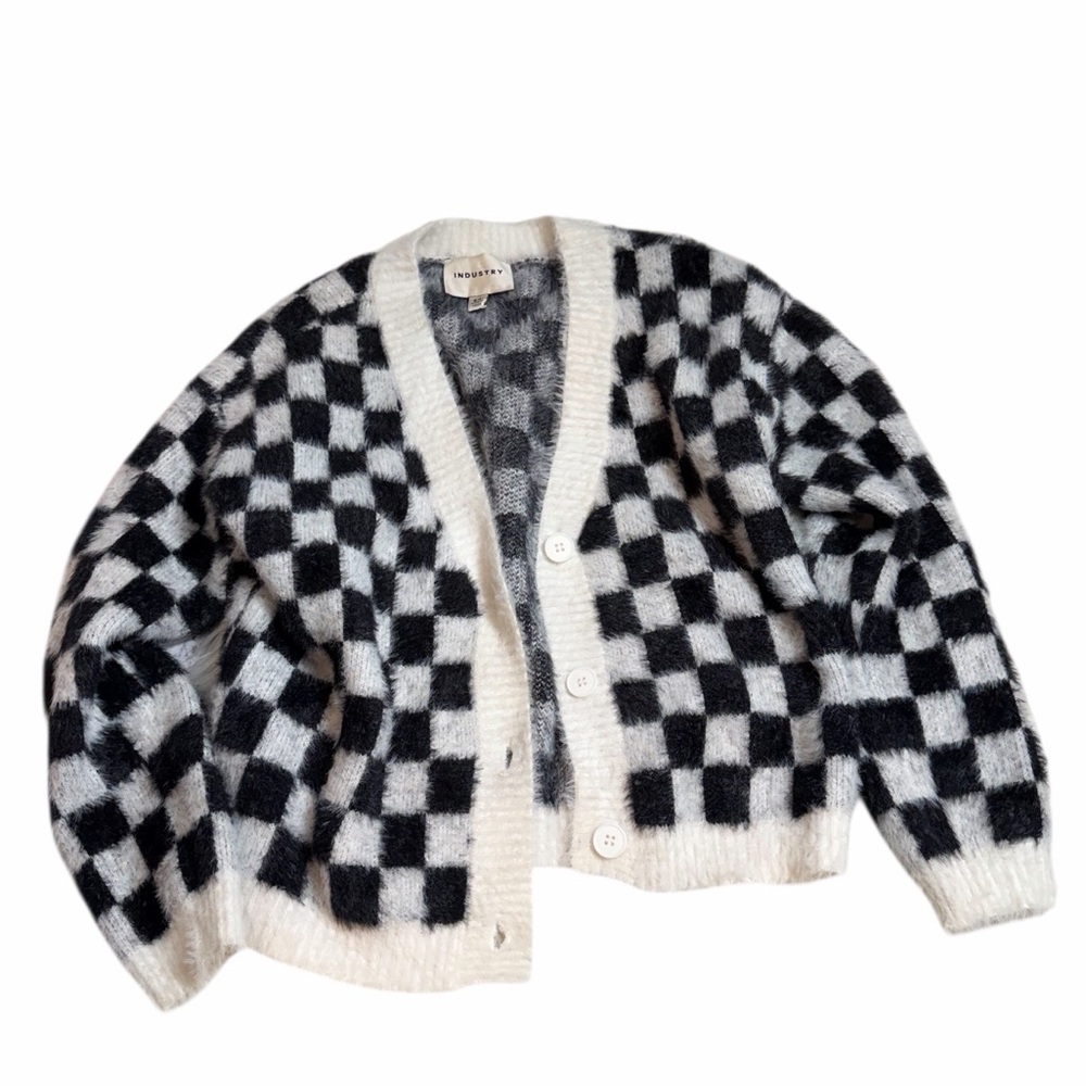 Industry Fluffy Knit Checkered Black and White Women's Cardigan Size Small